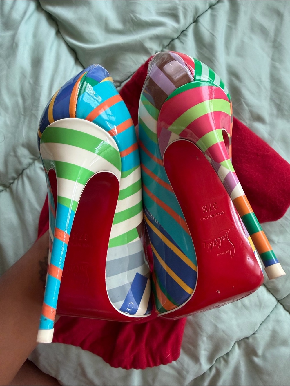 Christian Louboutin Neon Striped Pointed Toe Patent Pumps - Picture 2 of 4